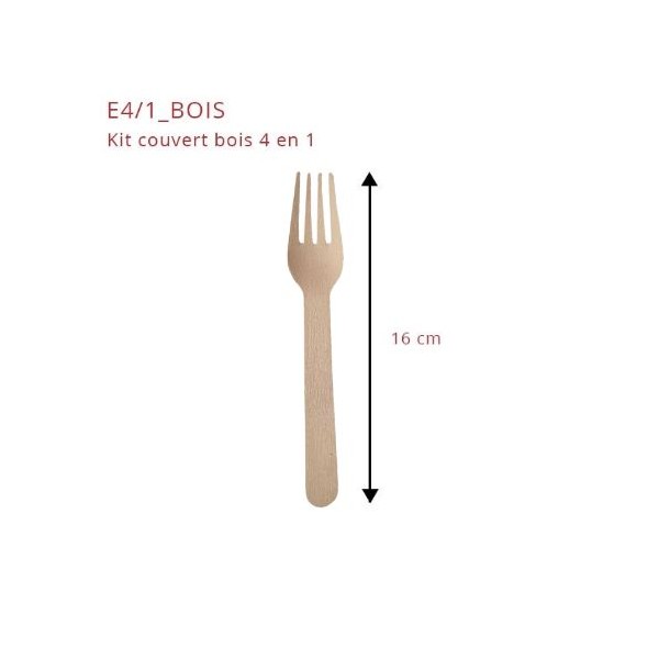 Kit couverts bois 4/1: couteau fourchette cuillère serviette, emballage  kraft H165mm