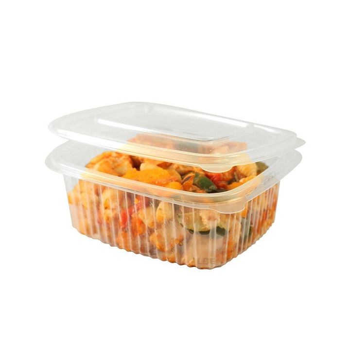 Barquette plastique micro-ondable à charnière de profil