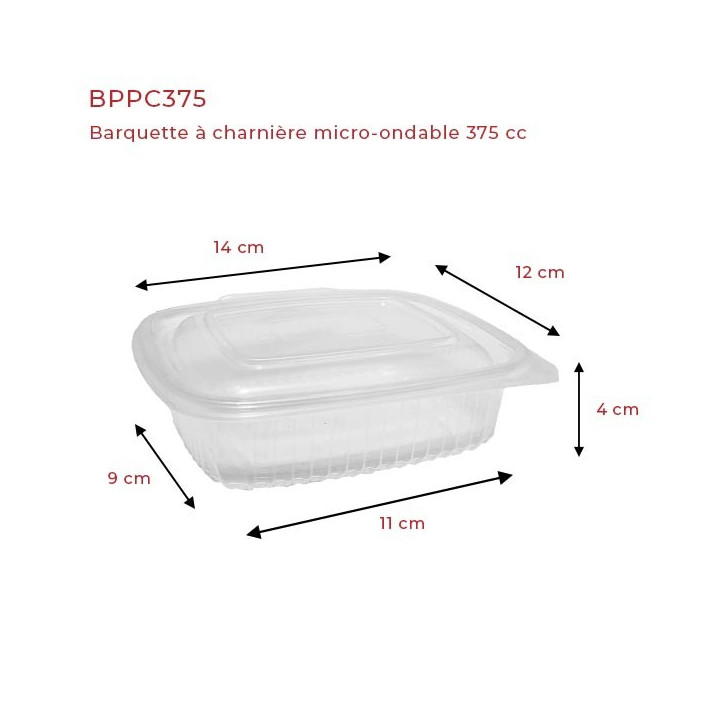 Barquette plastique micro-ondable à charnière 375 cc dimensions