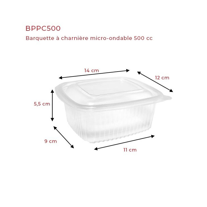 Barquette plastique micro-ondable à charnière 500 cc  dimensions