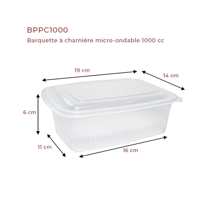 Barquette plastique micro-ondable à charnière 1000 cc dimensions