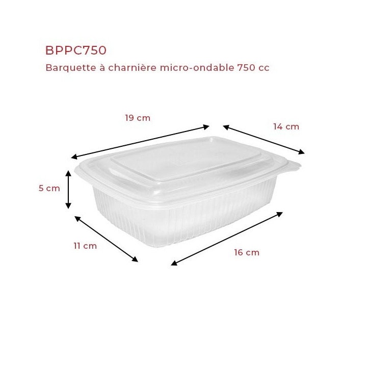Barquette plastique micro-ondable à charnière 750 cc dimensions